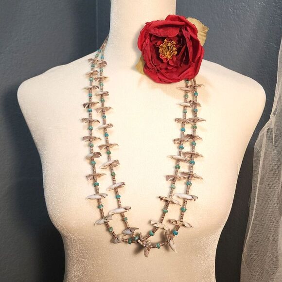 Vintage 2 Strand Native American Carved Bird Turquoise Beaded Necklace